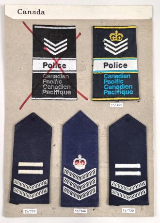 Canada Polizei, Sammlung Rangabzeichen, auf Karton getackert