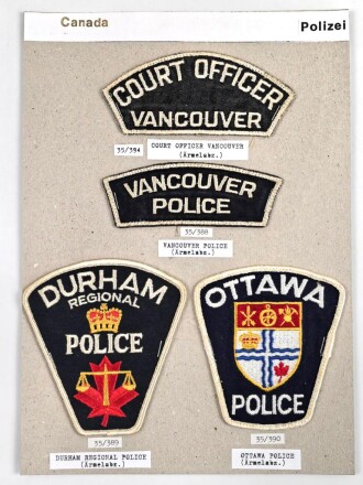 Canada Polizei, Sammlung Ärmelabzeichen, auf Karton getackert