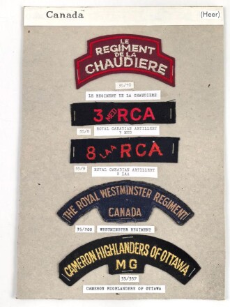 Canada Heer, Sammlung Abzeichen/ Ärmelabzeichen, auf Karton getackert