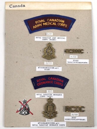 Canada Heer, Sammlung Abzeichen/ Ärmelabzeichen, auf Karton getackert