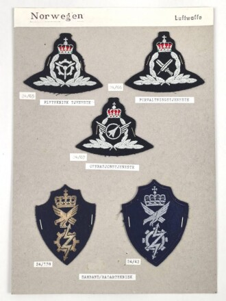 Norwegen, Sammlung Rangabzeichen der Luftwaffe, auf Karton getackert