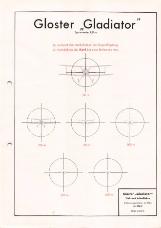Luftwaffe Lehrmittelabteilung "Gloster Gladiator Ziel- und Schießlehre - Entfernungsschätzen mit Hilfe des Revi Fl Üb 2-093/5", DIN A4 gelocht