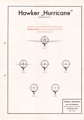 Luftwaffe Lehrmittelabteilung "Hawker Hurricane Ziel- und Schießlehre - Entfernungsschätzen mit Hilfe des Kreiskornes V 65 - Fl Üb 2-094/4", DIN A4 gelocht