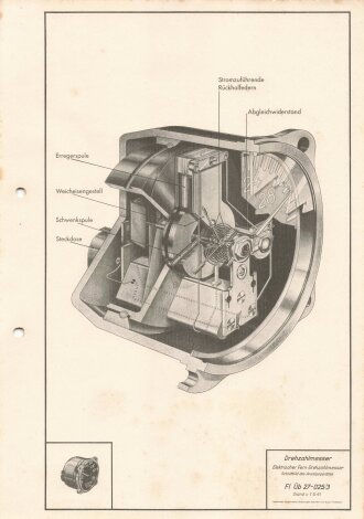 Luftwaffe Lehrmittelabteilung "Drehzahlmesser Elektrischer Fern- Drehzahlmesser Schnittbild des Anzeigegerätes - Fl Üb 27-025/3" Stand vom 01.05.1941, DIN A4 gelocht