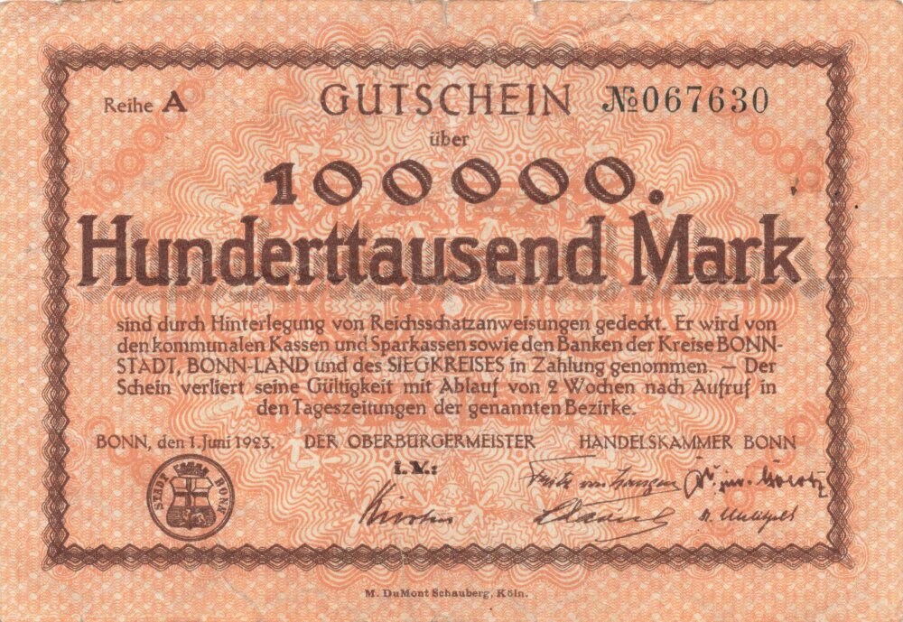 Notgeldschein der Stadt Bonn über Hunderttausend Mark, datiert 1923,