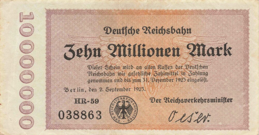 Banknote Deutsche Reichsbahn über Zehn Millionen Mark, datiert 1923, 10 ...