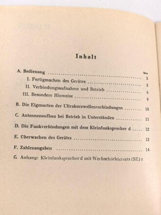 REPRODUKTION, D 1037/5 Gebrauchsanleitung für den Kleinfunksprecher d, datiert 1944, DIN A5, 16 Seiten