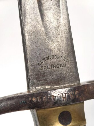 Preussen, Seitengewehr Modell 1871,  Scheide fehlt, gute Klinge, Herstellermarke Alex Coppel, Klingenrücken W 73 gestempelt