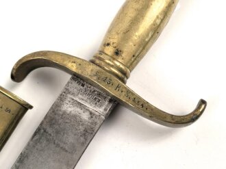 Preußen Kaiserreich, Faschinenmesser 1852 ,Truppenstempel nummerngleich, Hersteller E.Wilhelm Solingen, Klingenrücken W60 gestempelt , alle Metallteile mit Abnahmestempel, Klammer bei Ortblech fehlt