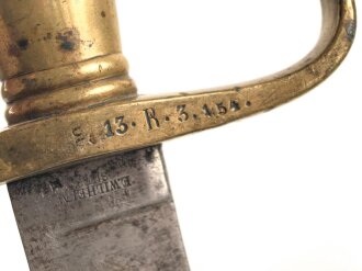 Preußen Kaiserreich, Faschinenmesser 1852 ,Truppenstempel nummerngleich, Hersteller E.Wilhelm Solingen, Klingenrücken W60 gestempelt , alle Metallteile mit Abnahmestempel, Klammer bei Ortblech fehlt