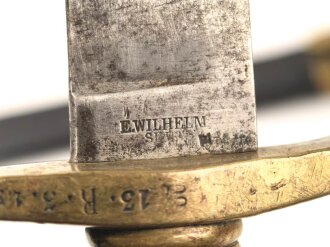 Preußen Kaiserreich, Faschinenmesser 1852 ,Truppenstempel nummerngleich, Hersteller E.Wilhelm Solingen, Klingenrücken W60 gestempelt , alle Metallteile mit Abnahmestempel, Klammer bei Ortblech fehlt