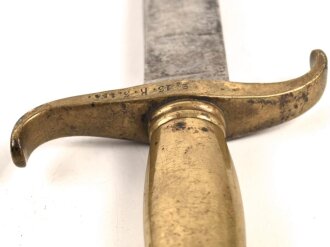 Preußen Kaiserreich, Faschinenmesser 1852 ,Truppenstempel nummerngleich, Hersteller E.Wilhelm Solingen, Klingenrücken W60 gestempelt , alle Metallteile mit Abnahmestempel, Klammer bei Ortblech fehlt