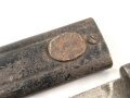 1.Weltkrieg, Aushilfsseitengewehr Typ EB 28 ( nach Carter ) mit gegossenem Ganzstahlgriff ,Parierstange bzw Mündungsring wohl feldmäßig entfernt, Scheide Originallack,