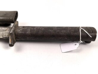 1.Weltkrieg, Aushilfsseitengewehr Typ EB33  ( nach Carter ) sogenannter badischer Typ  mit gegossenem Ganzstahlgriff und Reinigungsöffnung, Scheide Originallack