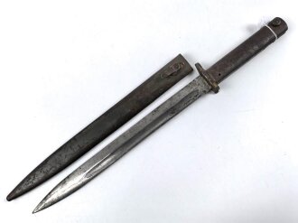 1.Weltkrieg, Aushilfsseitengewehr Typ EB33  ( nach Carter ) sogenannter badischer Typ  mit gegossenem Ganzstahlgriff und Reinigungsöffnung, Scheide Originallack