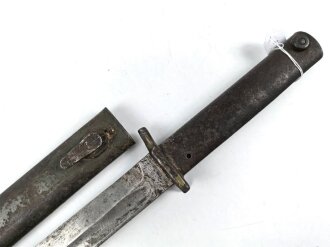 1.Weltkrieg, Aushilfsseitengewehr Typ EB33  ( nach Carter ) sogenannter badischer Typ  mit gegossenem Ganzstahlgriff und Reinigungsöffnung, Scheide Originallack