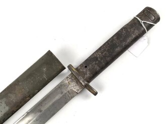 1.Weltkrieg, Aushilfsseitengewehr Typ EB33  ( nach Carter ) sogenannter badischer Typ  mit gegossenem Ganzstahlgriff und Reinigungsöffnung, Scheide Originallack