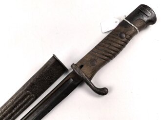 1.Weltkrieg, Aushilfsseitengewehr 98 lang alter Art ( Durchgehende Griffschale ) , gekürzt und mit Vetterli Vitali Scheide 1891/97/16 versehen,