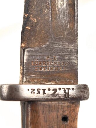 Preussen, Seitengewehr 1884/98 alter Art, W 88, ohne Scheide, Klinge beschliffen, Hersteller PD Lüneschloss Solingen, Truppenstempel, unschlau gereinkigt