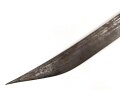 Russland, Kaukasus 19.Jahrhundert, Horngriffschalen  mit Beschlägen aus verschiedenen arabischen und einer spanischen Münze,  Klinge scharf mit 3 Hohlbahnen und Rosettenmarke, oberflächlicher Rost, Gesamtlänge 77,5 cm,