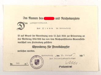 Ehrenkreuz für Frontkämpfer mit Band,...