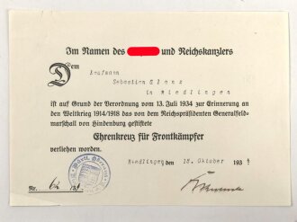 Ehrenkreuz für Frontkämpfer mit Band,...