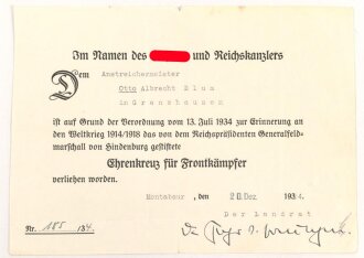 Ehrenkreuz für Frontkämpfer mit Band,...