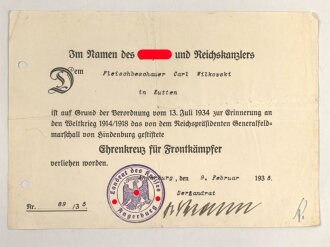 Ehrenkreuz für Frontkämpfer mit Band,...