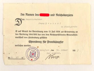 Ehrenkreuz für Frontkämpfer mit Band,...