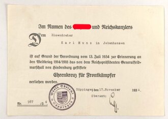 Ehrenkreuz für Frontkämpfer mit Band,...