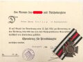 Ehrenkreuz für Frontkämpfer mit Band, Hersteller G10 mit Verleihungsurkunde, ausgestellt Stuttgart 1934
