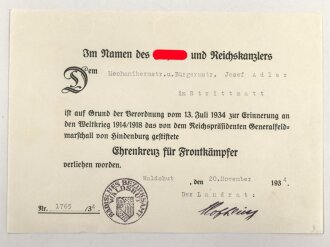 Ehrenkreuz für Frontkämpfer mit Band,...