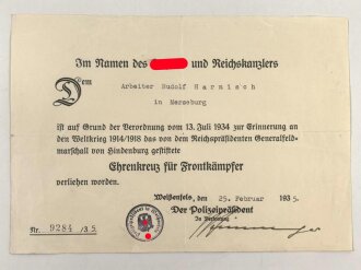 Ehrenkreuz für Frontkämpfer am Band, ohne...