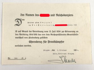 Ehrenkreuz für Frontkämpfer mit Band,...