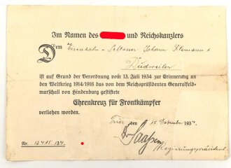 Ehrenkreuz für Frontkämpfer an Spange,...