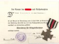 Ehrenkreuz für Kriegsteilnehmer am Band, Hersteller O.14 ,  mit Verleihungsurkunde, ausgestellt Birkenfeld 1934