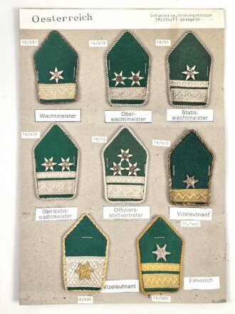 Österreich, Sammlung Rangabzeichen Infanterie/ Ordnungstruppe, auf Karton getackert