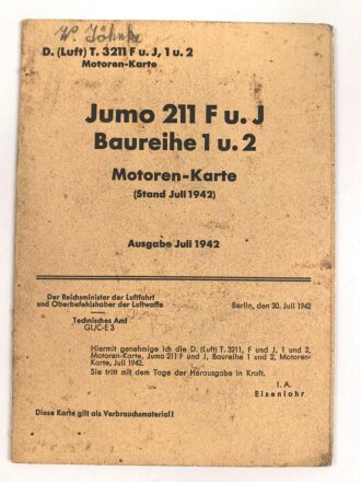 D.(Luft)T. 3211 F u. J, 1 u. 2 Motoren-Karte "Jumo...