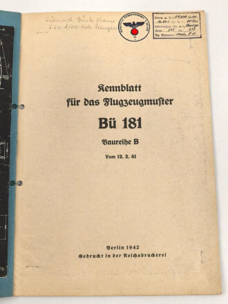 "Kennblatt für das Flugzeugmuster Bü 181 Baureihe B" datiert 1942, DIN A4, gelocht