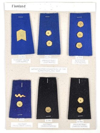 Finnland, Sammlung Rangabzeichen für das Hemd, auf Karton getackert
