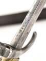 Bayern, Seitengewehr für Werder Gewehr Modell 1869, erleichtertes Modell, Scheidenbleche beschädigt, Naht des Scheidenleder offen, Leder weich, diverse Markierungen auf den Metallteilen, Herstellersteller W&ST (?), schlecht lesbar