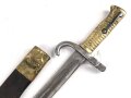 Bayern, Seitengewehr für Werder Gewehr Modell 1869, erleichtertes Modell, Scheidenbleche beschädigt, Naht des Scheidenleder offen, Leder weich, diverse Markierungen auf den Metallteilen, Herstellersteller W&ST (?), schlecht lesbar