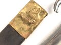 Bayern, Seitengewehr für Werder Gewehr Modell 1869, erleichtertes Modell, Scheidenbleche beschädigt, Naht des Scheidenleder offen, Leder weich, diverse Markierungen auf den Metallteilen, Herstellersteller W&ST (?), schlecht lesbar