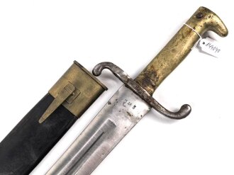 Württemberg, Pionierfaschinenmesser Modell 1871, mit Klinge älterer Ausführung, Hersteller FA Hermes Solingen, Klingenlänge 44,8 cm, Gesamtlänge mit Scheide 58 cm, Truppenstempel, Abnahmestempel 97 W, die Scheidenbeschläge gereinigt