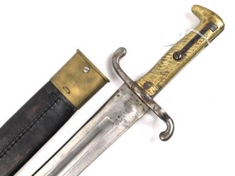 Württemberg, Pionierfaschinenmesser Modell 1871, mit Klinge älterer Ausführung, Hersteller FA Hermes Solingen, Klingenlänge 44,8 cm, Gesamtlänge mit Scheide 58 cm, Truppenstempel, Abnahmestempel 97 W, die Scheidenbeschläge gereinigt