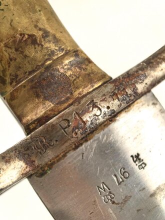 Württemberg, Pionierfaschinenmesser Modell 1871, mit Klinge älterer Ausführung, Hersteller FA Hermes Solingen, Klingenlänge 44,8 cm, Gesamtlänge mit Scheide 58 cm, Truppenstempel, Abnahmestempel 97 W, die Scheidenbeschläge gereinigt