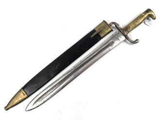 Württemberg, Pionierfaschinenmesser Modell 1871, mit Klinge älterer Ausführung, Hersteller FA Hermes Solingen, Klingenlänge 44,8 cm, Gesamtlänge mit Scheide 58 cm, Truppenstempel, Abnahmestempel 97 W, die Scheidenbeschläge gereinigt