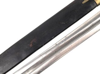 Württemberg, Pionierfaschinenmesser Modell 1871, mit Klinge älterer Ausführung, Hersteller FA Hermes Solingen, Klingenlänge 44,8 cm, Gesamtlänge mit Scheide 58 cm, Truppenstempel, Abnahmestempel 97 W, die Scheidenbeschläge gereinigt