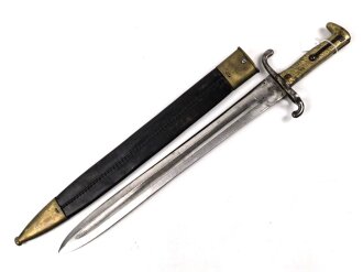 Württemberg, Pionierfaschinenmesser Modell 1871, mit Klinge älterer Ausführung, Hersteller FA Hermes Solingen, Klingenlänge 44,8 cm, Gesamtlänge mit Scheide 58 cm, Truppenstempel, Abnahmestempel 97 W, die Scheidenbeschläge gereinigt