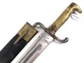 Württemberg, Pionierfaschinenmesser Modell 1871, mit Klinge älterer Ausführung, Hersteller FA Hermes Solingen, Klingenlänge 44,8 cm, Gesamtlänge mit Scheide 58 cm, Truppenstempel, Abnahmestempel 97 W, die Scheidenbeschläge gereinigt